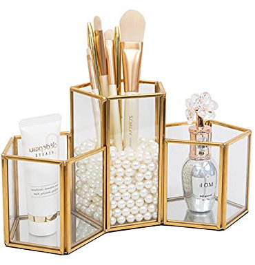 HARLIANGXY Make up Pinselhalter Glas, Kosmetikpinsel Organizer, Kosmetik Organizer Gold, Make up Pinsel Aufbewahrung, Schmink Aufbewahrung, Stifthalter für Schminktisch Schreibtisch