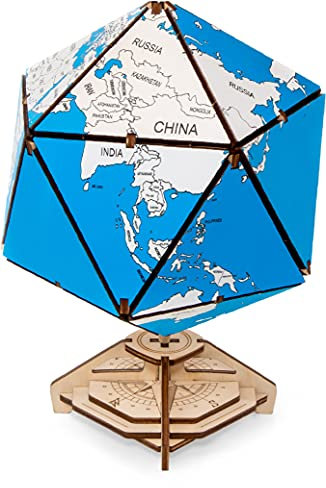 EWA Eco-Wood-Art - 3D-Holzpuzzle für Jugendliche und Erwachsene - Icosahedraler Globus (Blau) - DIY-Bausatz, Selbstmontage, kein Kleber erforderlich - 97 Stück