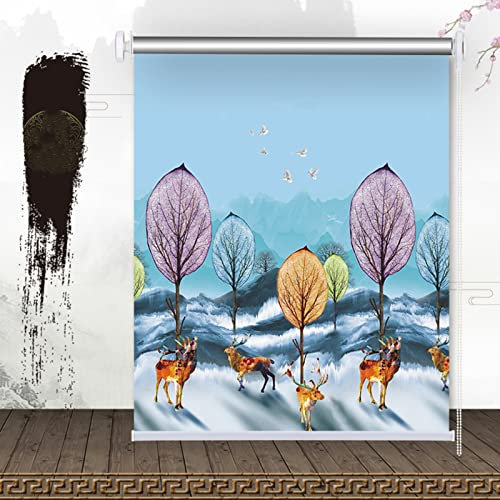 Roller Shade Window Blind 100% Blackout Roller Window Shade Elk Pattern, 2ft/ 3ft/ 4ft/ 5ft Wide Waterproof Window Rolling Blind for Living Room Bedroom Kitchen, Custom Size