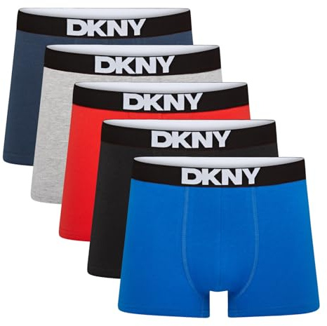 DKNY Walpi Mens Boxers Shorts Multipack | Pack Of 5 Cotton Boxers For Men | Breathable Trunks, Cotton Fabric | Mens Underwear Trunks | Ideal Gifts For Him, Black/Grey/Red/Blue, M