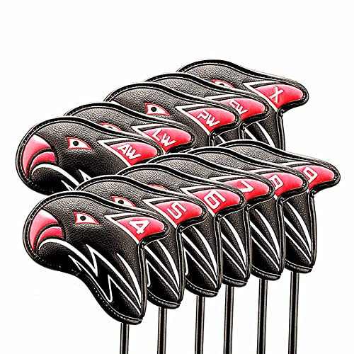 Golf Iron Head Covers, Golf Clubs Protection Set, 11pcs Thicken Eagle PU Leather Soft Black Embroideried Edging Closely Protector Right Handed Waterproof Durable Fit Most Clubs Wedge