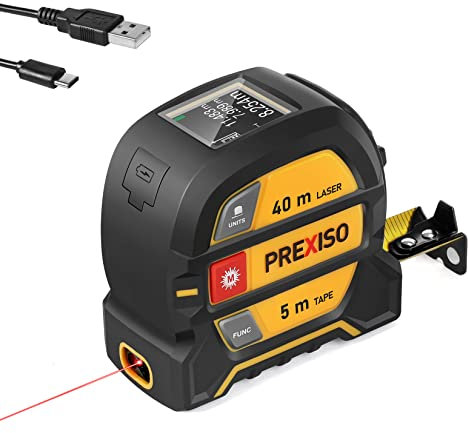 PREXISO Laser Rangefinder, 40 m, Digital Laser Tape Measure with LCD Backlight, M/In/Ft, Rechargeable Laser Meter & 5 m Tape Measure, Pythagoras/Distance/Area/Volume Measurement