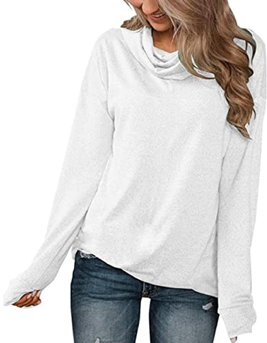 Femmes Décontracté à Manches Longues Col Haut Solide Sweat Col Bénitier Pull Goutte épaule Manches Haut Pull Décontracté(XL-Blanc)