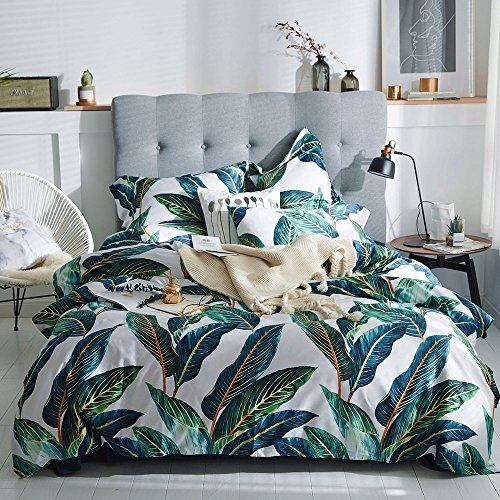 LifeTB Luxury Leaves Duvet Cover King 3 Piece Tropical Floral Bedding Sets Cotton Green Leaf Pattern Palm for Men Women Bed Set, TBUS23FGL-1K, (104''x90'')