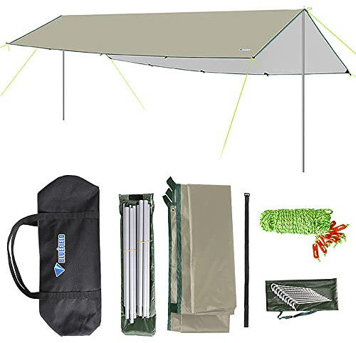 3 x 6 m Markise, wasserdichte Plane, Zeltschirm mit Stange, faltbar, Camping-Überdachung, Ultraleicht, Strand-Sonnenschutz für Camping, Wandern und Überleben