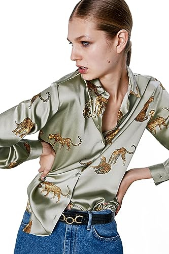 marpessa Women's Blouse Satin Silk Shirts Button Down Shirts Casual Loose Long Sleeve Office Work Tunic (as1, Alpha, s, Regular, Regular, Leopard Printed)