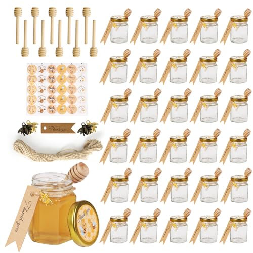 3OZ Mini Glass Hexagon Honey jars 30Packs - Gold Lid, Small Wooden honey dipper, Bee Charms, Thank You Gift Tags, Stickers, Jute - Baby Shower Thank You Party Wedding Favors Gifts (Rectangle Tag)