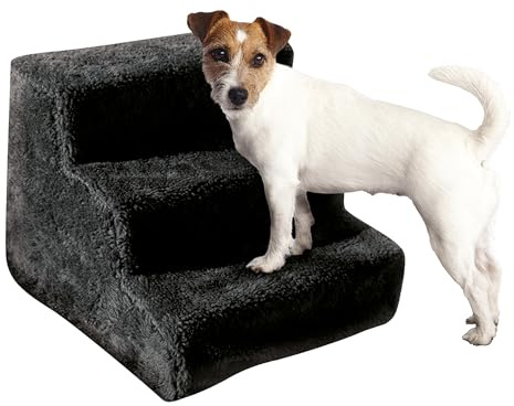 Haustiertreppe Hundetreppe, mit Stoffbezug, in Schwarz, 3 Stufen (1 x Haustiertreppe), 41 x 38 x 31 cm, aus robuster MDF-Platte, mit Plüschbezug in Schwarz