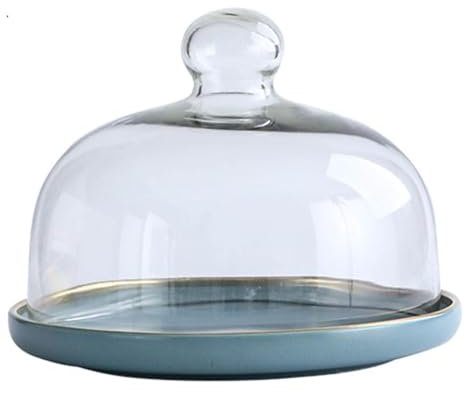 HOUSN Kuchenhaube Keramik Kuchenplatte Glas, Kuchenglocke Ständer Tortenständer Glashaube Lebensmittel Abdeckung Für Hochzeit Geburtstag Party,Blau,20cm