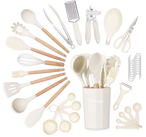 Kitchen Non Stick Cooking Utensils Set – Heat Resistant Silicone Utensils with Wooden Handle – Ladles, Spoons and Spatulas Set – Kitchen Tools & Accessories – 35pcs, Cream – by Nuovva