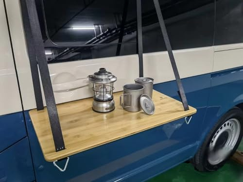BKICKI Table de Camping pour Fourgon, Étagère Suspendue, Cuisine Extérieure en Bois pour Campeurs, Hauteur Ajustable pour Porte Coulissante VW Bus T5 T6
