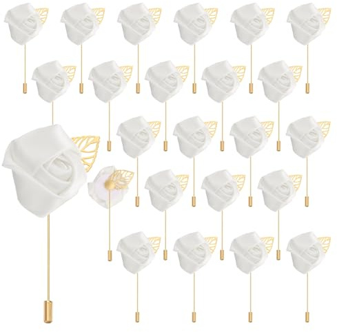 QUARKZMAN 24Pcs Épinglette Boutonnière en Fleur de Rose Blanche Pure Boutonnières de Fleurs Broches de Poche pour Cérémonie de Mariage Anniversaire Bal de Promo Soirée Formelle