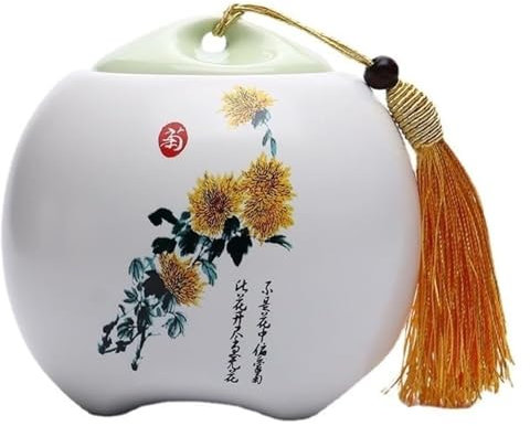 CROWEL Chinese Style Tea Caddy，Tea Caddy For Tea Bags，Chrysanthemum Pattern,Tassel Rope Design Sealed Jar, White Ceramic Tea Caddy