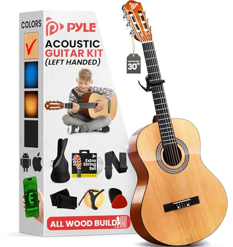 Pyle Left Handed Beginner Acoustic Guitar, Junior Size 76 cm, All Wood Build Nylon String with Capo Strap, Extra String Set, and Gig Bag Acoustic, For Kids Adults Youth Classical Kit Natural Gloss
