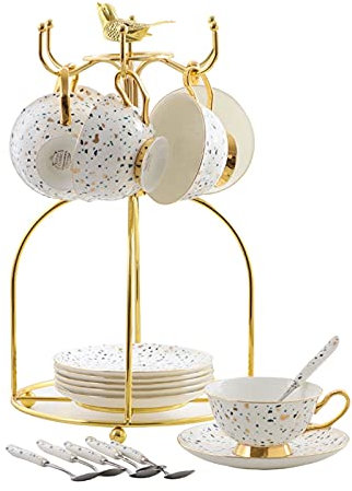 OWOHYG Espressotassen und Untertassen-Set, farbige Punkte, Keramik-Kaffeetassen mit Metall-Organizer-Ablage, Untertassen und Kaffeelöffel, 200 ml, Set mit 6 Tassen