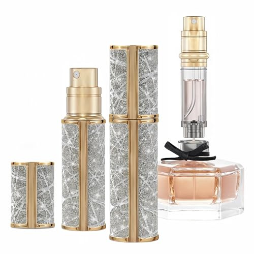 muilsae 5ml Perfume Spray Bottle, AG00BK Leather Refillable Dispenser Bottom Fill Fragrance Scent Container, Portable and Leak-proof for Traveling & Outgoing (Black 5ml) (Sparkling Gold)