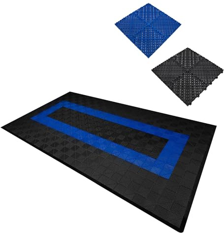 Carrelage de Sol Ventilée Modulaire Imbriqué & Bordures 90 Noir & 30 Bleu Garage Unique Double Tapis de Sol Showroom Ultra-Résistant Polypropylène Antidérapant Imperméable Drainage 3,2 x 6 M 19,2 m2