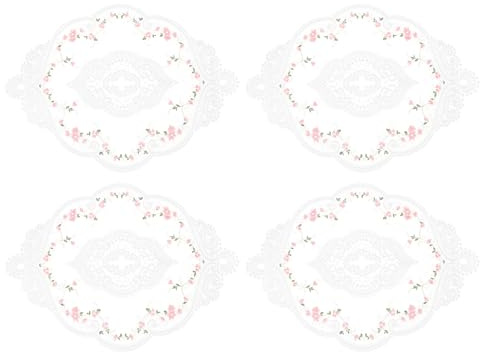 sourcing map 4 x Retro-Spitzen-Tischsets, 30,5 x 43,2 cm, oval, bestickt, französische Häkeldeckchen, Untersetzer, Tassenmatte für Zuhause, Hochzeit, Weiß / Rosa