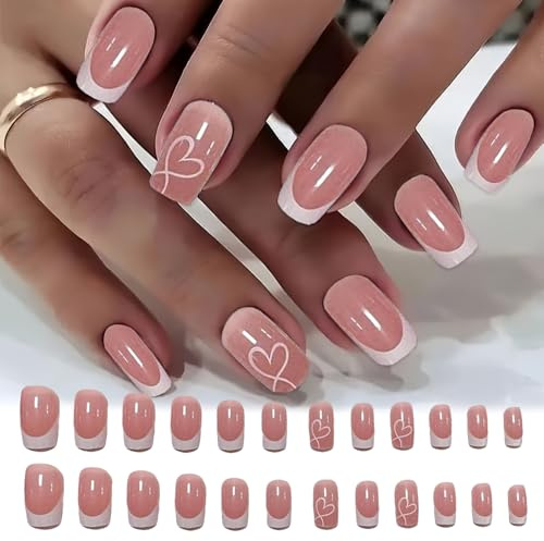 WhaleO 24 Stück Press On Nails, Nägel zum Aufkleben Nails zum Aufkleben Fingernägel zum Aufkleben Selbstklebende Nägel Mit Nagel Klebepads für Frauen Mädchen - Rosa Herz