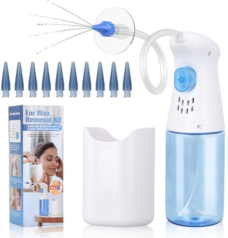 Ear Wax Removal Kit, Ear Cleaner, Safe Effective Ear Wax Remover, Reusable Ear Irrigation Flushing Kit Features 10 Replaceable Tips and Water Catch Basin for Home Use