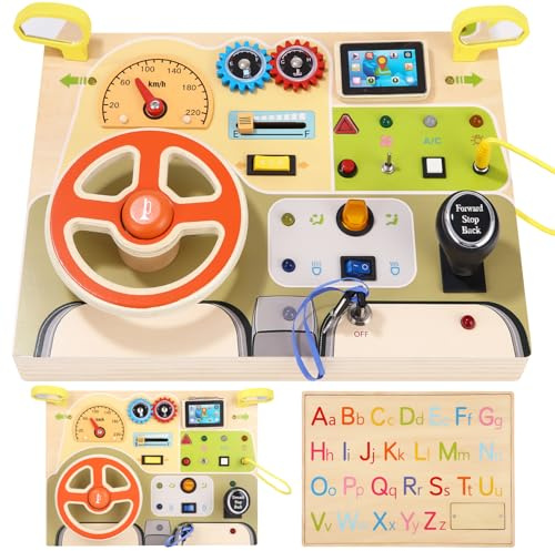 Azyvum Busy Board Montessori Toy with Simulated Steering Wheel and LED Light Switches, Activity Board, Motor Skills Board, Wooden Switch Board for Toddlers 1-3 Years