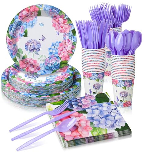 Yungyan 252 Pcs Hydrangea Plates and Napkins Set Hydrangea Flowers Party Supplies Disposable Floral Napkins Plates Cups Knives Spoons Forks for Wedding Birthday Tea Bridal Birthday Serves 36 Guests