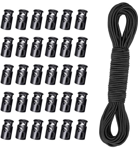 PEAPIN 30PCS Cord Locks + 10m Black Elastic Rope Drawstring Kit | Strong elastic rope with cord locks, easy adjustment, durable stretch, suitable for clothing, bags, shoelaces and DIY use