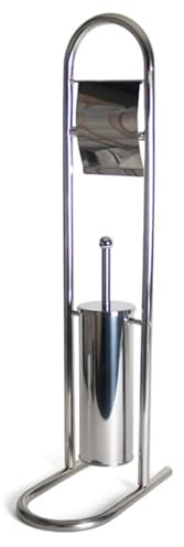 Tradineur - Portarrollos de pie con escobillero, modelo Nilo, soporte para papel higiénico, acero inoxidable, moderno, baño, aseo, 79 x 29 x 17,5 cm