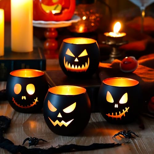 Kerzenhalter für Innen Halloweendeko, 4er Set Teelichtgläser mit Kürbisfratzen-Lasergravur - Schwarz Gold Halloween Dekoration - - Gruselige Deko für Party, Tisch, Garten