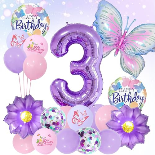 LUMOOM Mariposa decorativa cumpleaños niña 3 años globos decoración de cumpleaños mariposas globo de papel de aluminio globos de números lila fiesta cumpleaños infantil decoración para niños
