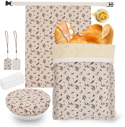 Reusable Beeswax Bread Bags 2-Pack XL (17x13) for Homemade Sourdough | Date Cards + Bowl Cover, Freezer Resistant | Freshness-Support Cotton Storage