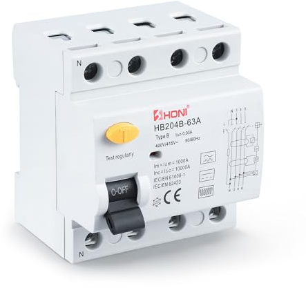 FI interruttore di protezione tipo B, FI 63 A, 30 mA. 4 poli + DC 6 mA, protezione a corrente residua, per wallbox/stazioni di ricarica e interruttore di protezione DIN Schie (A)