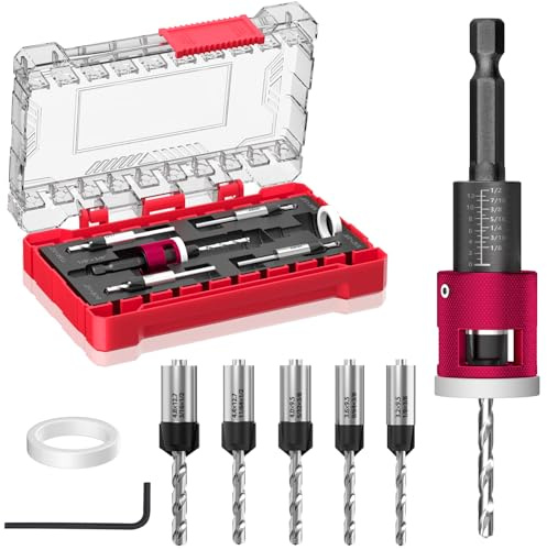BURMONG 5-Piece Countersink Drill Bit Set with Adjustable Depth Stop, 1/4 Hex Shank Quick Change Drilling Tool Kit, 82° Woodworking Chamfer Bits for Wood, Plywood, MDF, Plastic
