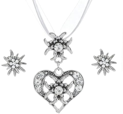 TJUSPIRIT 3er Trachtenschmuck Set Dirndlschmuck Edelweiß Schmuck-Set | Trachtenkette & Ohrstecker Dirndl Schmuck für Oktoberfest Trachtenfest Dirndl Outfit