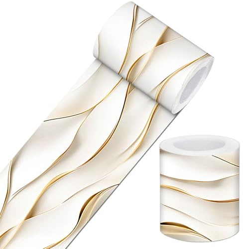 IVN White Wave Gold Line Peel and Stick Wallpaper Border 4 x 196 Inch Self Adhesive Removable Wall Trim Vinyl Border for Bathroom Kitchen Bedroom Easy Install Decorative Wall Edge Accent