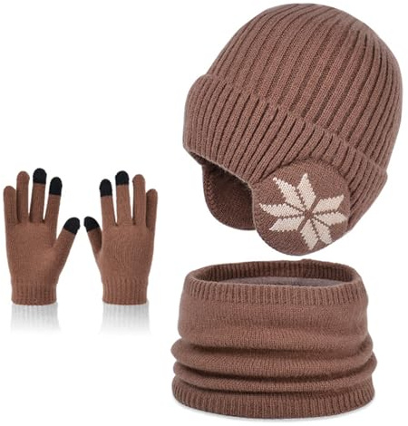 MAZELIKEHOOD Cappello Sciarpa Guanti per Bambino Set 3 Pezzi Invernale per Ragazzi Caldo Cappuccio con Paraorecchie Sciarpa e Guanti per Neve Regalo di Natale per Bambini 4-10 Anni