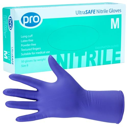PRO UltraSAFE Violet Long Disposable Gloves - Nitrile Gloves Disposable Medium - 50x Pack - Powder Free - Latex Free - Ideal for Food Prep or Salon Use - Medical Grade, Food Safe PPE