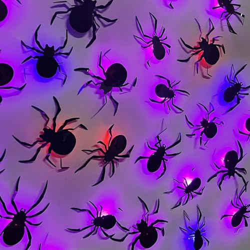 ALEGRE® Halloween Deko, 10 Stück 3D Spinnen Deko Led Lichter Halloween Sticker, Leuchtende Spinnen Wandaufkleber mit 4 Verschiedenen Größen, Helloween Led Spinne Deko für Fenster, Tür, Wand Dekoration