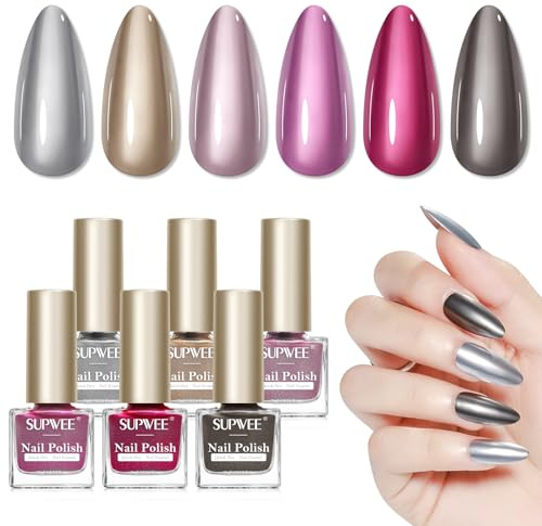 SUPWEE Chrome Mirror Nail Polish, 6 Colour Quick Dry Metallic Nails Polish | Sliver Gold Pink Black Air Fast Dry Shiny Chrome Effect Regular Nail Varnish for Salon DIY Manicure Gift for Women