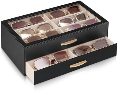 Lolalet 12 Slots Women’s Sunglasses Organizer with Enlarged Compartment, 2-Layer Eyewear Storage Box, Glasses Case Display Holder with Clear Top Lid for Eyeglass Collection, Mothers Day Gifts -Black