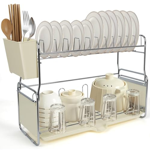 YTOPRO 2 Tier Dish Drainer Rack Stackable Dish Drying Rack | with Draining Board,for Kitchen Counter,Window Sill or Sink Side