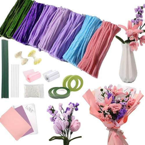Toumdafine 800 Stück Pfeifenreiniger Blumenstrauß Set, Pfeifenputzer zum Basteln 8 Farben Pipe Cleaner mit 50 Stück Bastelfaden, Geeignet als Geschenk für Valentinstag Muttertag