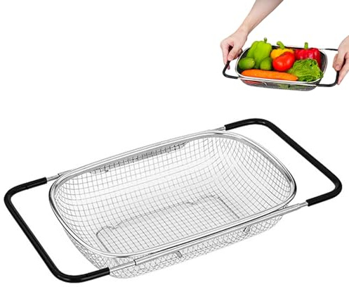 Colador de fregadero de acero inoxidable, colador extraíble, 27,5 x 19 x 7 cm, colador con cesta fina y mango de goma, colador universal para escurrir, lavar frutas, verduras y vajilla
