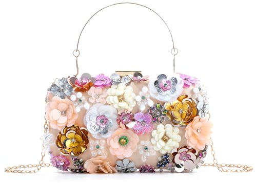 Freiesoldaten Bolso de Mano Floral para Mujer Bolso de Noche de Lujo con Flores y Pedrería con Asa de Cadena para la Fiesta de la Boda