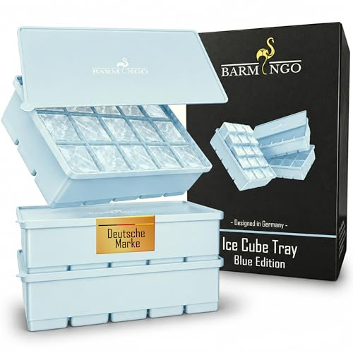 BARMINGO Silikon Eiswürfelform mit Deckel (3er Set) – BPA-freie Eiswürfelform groß | Große Eiswürfel Form auslaufsicher & spülmaschinenfest | Ice Cube Tray, Eisformen Silikon | Pastell Blau