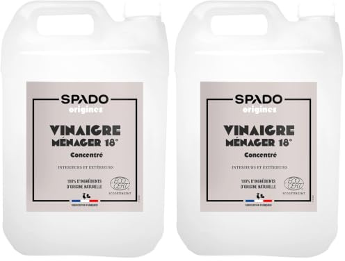 SPADO Origines - Vinaigre blanc 18° - Détartre et fait briller - Formule ultra concentrée et naturelle - Sans parfum - Contact alimentaire - ECOCERT - 5L - Fabrication Française (Lot de 2)