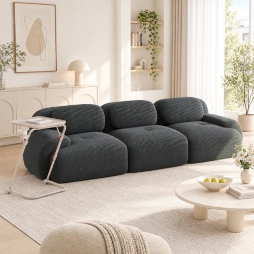 FURNISH 1 Set 3-sits soffa grått fällbart datorbord beige, manchester, ramlös modulär soffa med ergonomiska armstöd, vardagsrum, sovrum