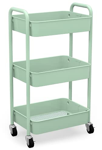 CAXXA 3-Tier Rolling Metal Storage Organizer - Mobile Utility Cart, Kitchen Cart with Caster Wheels (Aqua Green)