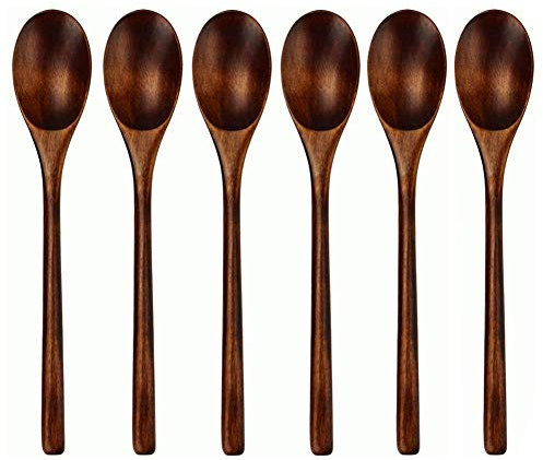 Ensemble de Cuillères en Bois, 6 Cuillères à Café en Bois de Style Japonais avec Cuillère de Cuisine en Bois Phoebe Naturelle à Long Manche pour Soupe