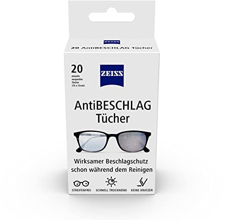 ZEISS AntiBeschlag Tücher 20 Stück für einen lang anhaltenden Beschlagschutz schon während der Reinigung - jedes Tuch einzeln verpackt - ideal für unterwegs oder auf Reisen